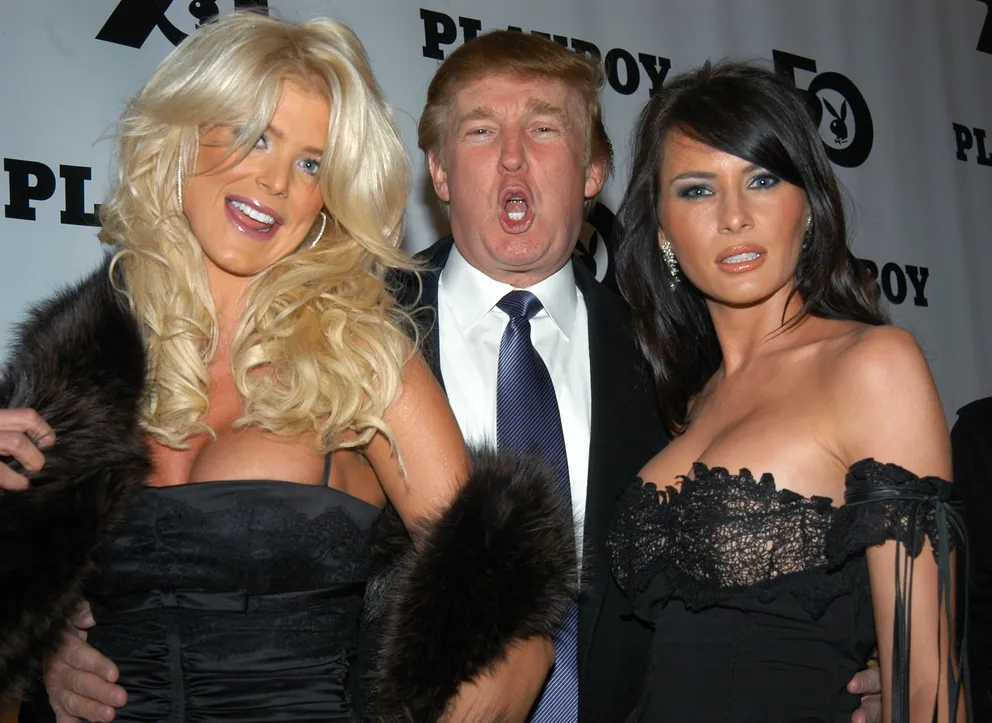 Donald and Melania Trump with Victoria Silvstedt at Playboy magazine's 50th anniversary celebration in 2003. | Source: Getty Images