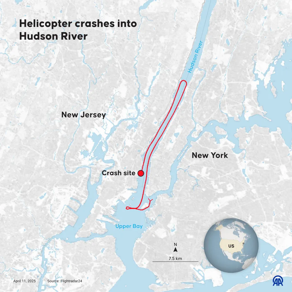 An infographic showcasing the route the helicopter took before crashing into Hudson River. | Source: Getty Images