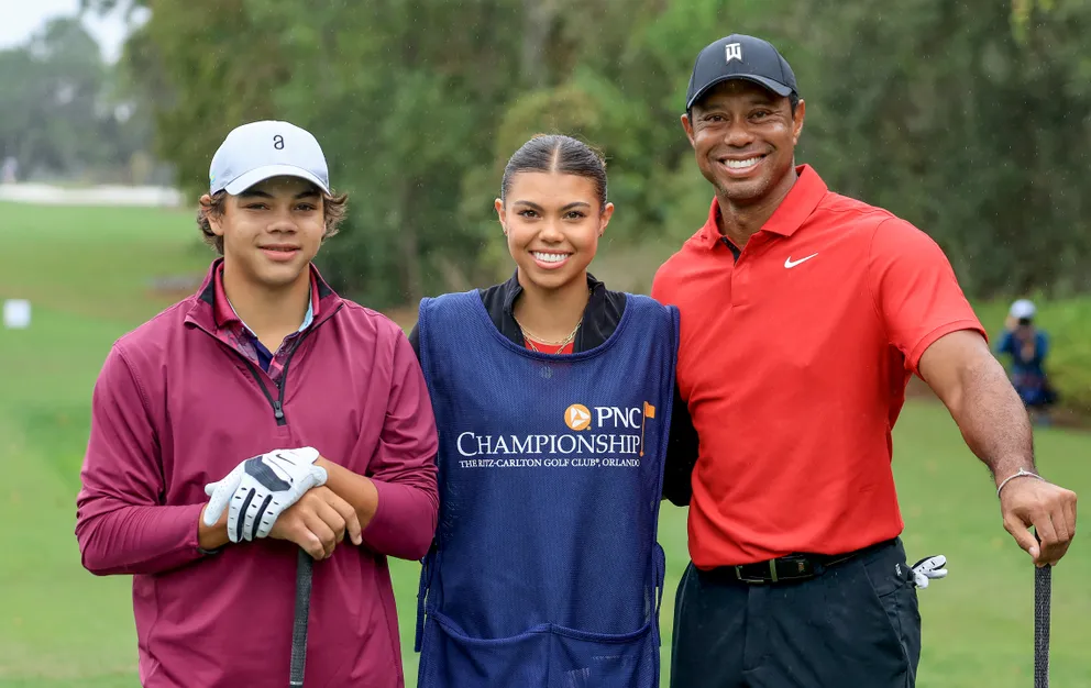Tiger Woods with his kids, Charlie and Sam Woods, during the PNC Championship final round in Orlando, Florida on December 17, 2023. | Source: Getty Images